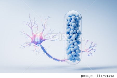 Medical capsule and biology nerve cell background, 3d rendering. Medical capsule and biology nerve cell background, 3d rendering. 113794348