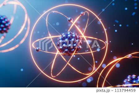 Physics atom with dark blue background, 3d rendering. Physics atom with dark blue background, 3d rendering. 113794459