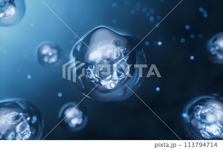 Transparent cell with biotechnology and cosmetic concept, 3d rendering. Transparent cell with biotechnology and cosmetic concept, 3d rendering. 113794714
