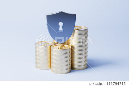 Safety shield and golden coins, 3d rendering. Safety shield and golden coins, 3d rendering. 113794715