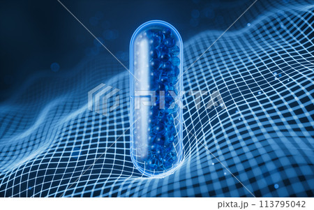 Medical capsule with digital space background, 3d rendering. Medical capsule with digital space background, 3d rendering. 113795042