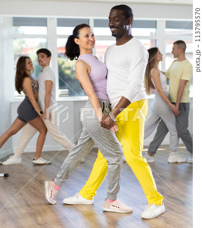 Beautiful young woman at dance salon with her african american partner dancing tango Beautiful young woman at dance salon with her african american partner dancing tango 113795570