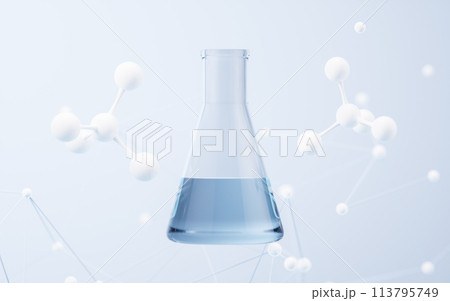 Conical flask with molecule background, 3d rendering. 113795749