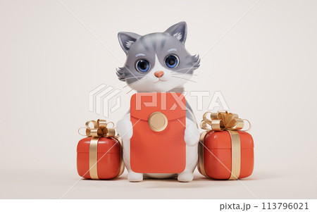 3D cartoon style cute cat and Chinese lucky red package, 3d rendering. 113796021