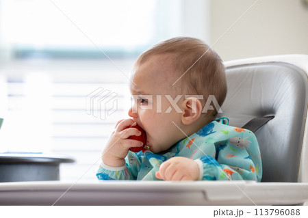 Caucasian Baby Boy eating Strawberry at home. Bright Background 113796088