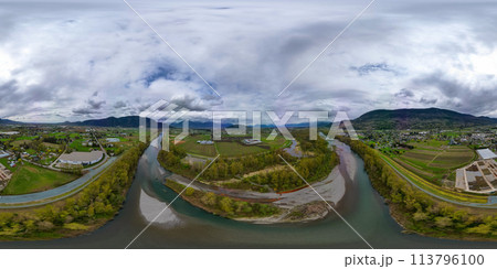 Aerial 360 Panorama of River, Farms and Mountain Landscape. 113796100