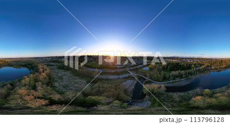 Aerial 360 Panorama of Lake and trees in suburban city. Aerial 360 Panorama of Lake and trees in suburban city. 113796128