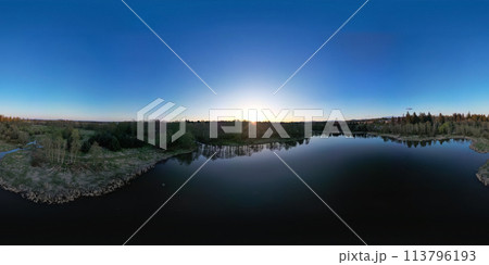 Aerial 360 Panorama of Lake and trees in suburban city. Aerial 360 Panorama of Lake and trees in suburban city. 113796193