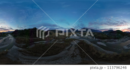 360 Aerial View of the River and Mountains. Dramatic Cloudy Sky. 360 Aerial View of the River and Mountains. Dramatic Cloudy Sky. 113796246