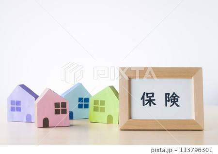カラフルな家と保険のフレーム カラフルな家と保険のフレーム 113796301