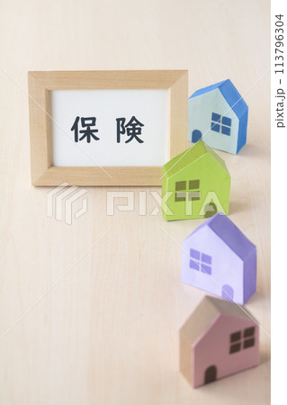 カラフルな家と保険のフレーム カラフルな家と保険のフレーム 113796304