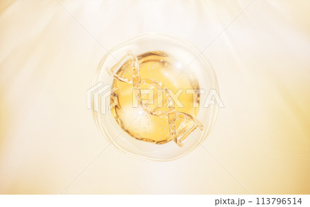 DNA and golden liquid bubble, 3d rendering. DNA and golden liquid bubble, 3d rendering. 113796514