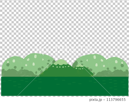 緑の山の水彩手描き風フレームイラスト アウトドア	 113796655