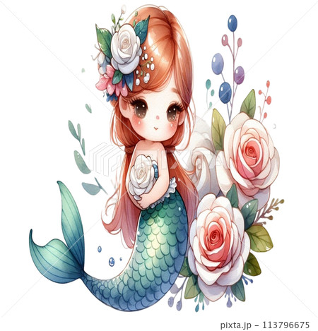 Mermaid holding white rose 113796675
