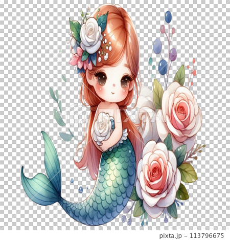 Mermaid holding white rose 113796675