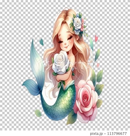 Mermaid holding white rose 113796677