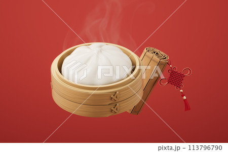 Chinese food baozi in food steamer, 3d rendering. 113796790