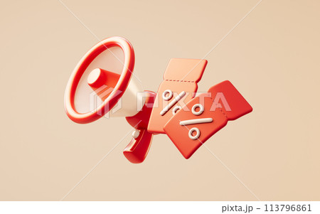 Loudspeaker and red discount coupon tickets, 3d rendering. Loudspeaker and red discount coupon tickets, 3d rendering. 113796861