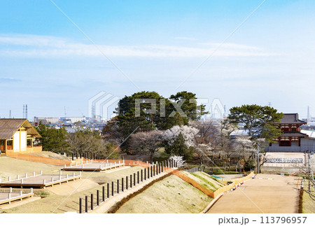 春風にたたずむ建設中の多賀城外郭南門 春風にたたずむ建設中の多賀城外郭南門 113796957