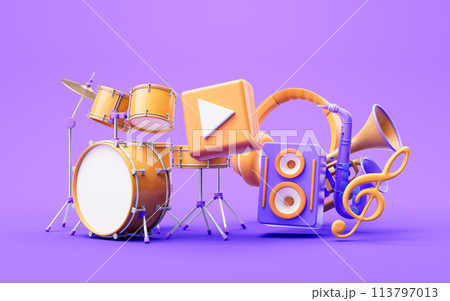Music instruments with cartoon style, 3d rendering. 113797013