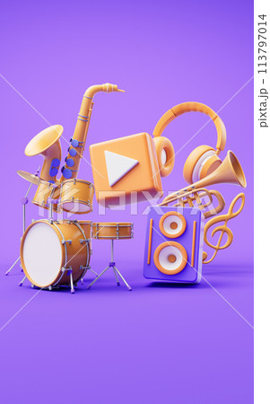 Music instruments with cartoon style, 3d rendering. 113797014