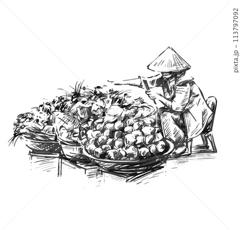 Drawing of Vietnamese women street sales Drawing of Vietnamese women street sales 113797092