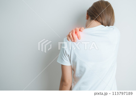 Woman having Shoulder and Neck pain at home. Muscle painful due to Myofascial pain syndrome and Fibromyalgia, rheumatism, Scapular pain, Cervical Spine. ergonomic concept Woman having Shoulder and Neck pain at home. Muscle painful due to Myofascial pain syndrome and Fibromyalgia, rheumatism, Scapular pain, Cervical Spine. ergonomic concept 113797189