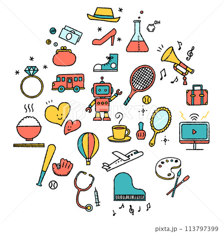 手描きのかわいいアイコンセット(カラフル) 手描きのかわいいアイコンセット(カラフル) 113797399