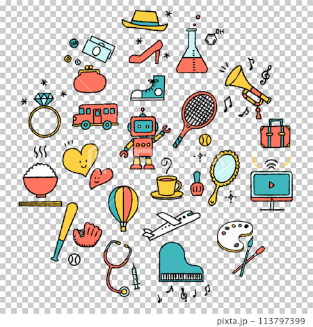 手描きのかわいいアイコンセット(カラフル) 手描きのかわいいアイコンセット(カラフル) 113797399