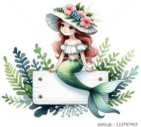 A white sign sitting on a little mermaid A white sign sitting on a little mermaid 113797403