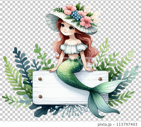 A white sign sitting on a little mermaid A white sign sitting on a little mermaid 113797403