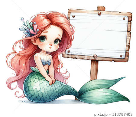 A white sign sitting on a little mermaid A white sign sitting on a little mermaid 113797405