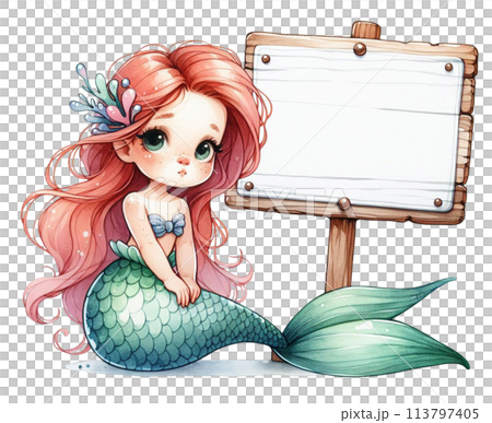 A white sign sitting on a little mermaid A white sign sitting on a little mermaid 113797405