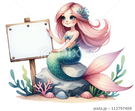 A white sign sitting on a little mermaid 113797409