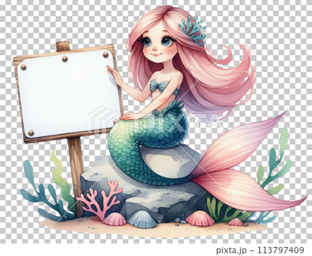 A white sign sitting on a little mermaid 113797409