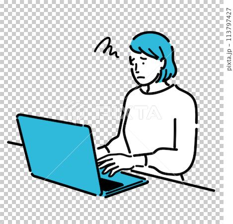 坐在筆記型電腦前的陷入困境的年輕女子 113797427