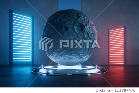 Moon planet with glowing neon lights, 3d rendering. Moon planet with glowing neon lights, 3d rendering. 113797476