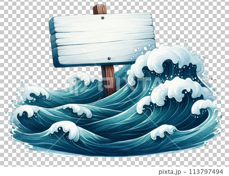 A white sign sitting on water waves 113797494