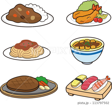 フラットな食べ物のイラストセット 113797502
