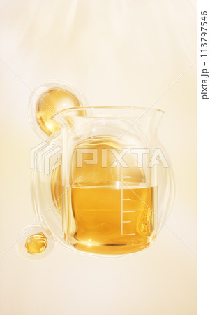 Chemical glassware with golden liquid, 3d rendering. Chemical glassware with golden liquid, 3d rendering. 113797546