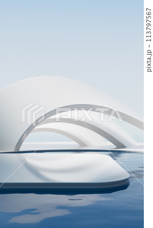 Creative geometry building with water surface, 3d rendering. Creative geometry building with water surface, 3d rendering. 113797567