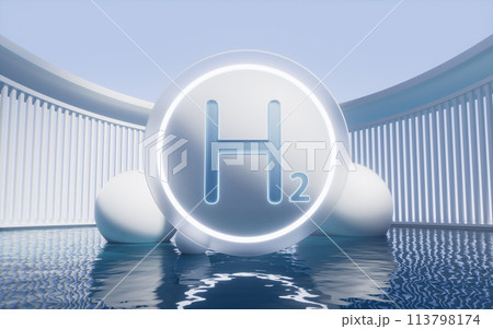 Hydrogen energy with water surface, 3d rendering. Hydrogen energy with water surface, 3d rendering. 113798174