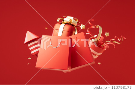 Shopping bag and celebration elements, 3d rendering. Shopping bag and celebration elements, 3d rendering. 113798175