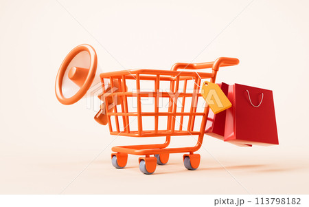 Cartoon shopping cart with shopping theme, 3d rendering. 113798182