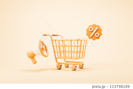 Cartoon shopping cart with shopping theme, 3d rendering. Cartoon shopping cart with shopping theme, 3d rendering. 113798189