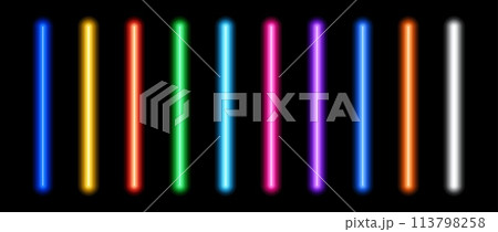 Glowing neon tube lamp set. Led light line beam collection. Bright luminous fluorescent bar stick lines. Shining colorful strip element pack to divide, separate, decorate. Vector illustration bundle 113798258