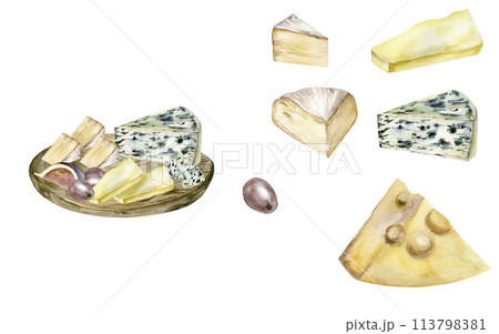 Cheese plate with single cheese pieces watercolro set. Dairy healthy food illustration with blue cheese, cheddar, camembert, grape on wooden plate. CLip art for packing, shop, diet book design Cheese plate with single cheese pieces watercolro set. Dairy healthy food illustration with blue cheese, cheddar, camembert, grape on wooden plate. CLip art for packing, shop, diet book design 113798381