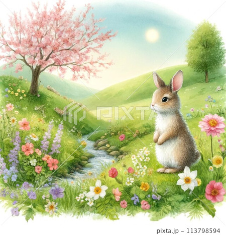 春の草原に立つうさぎ 春の草原に立つうさぎ 113798594