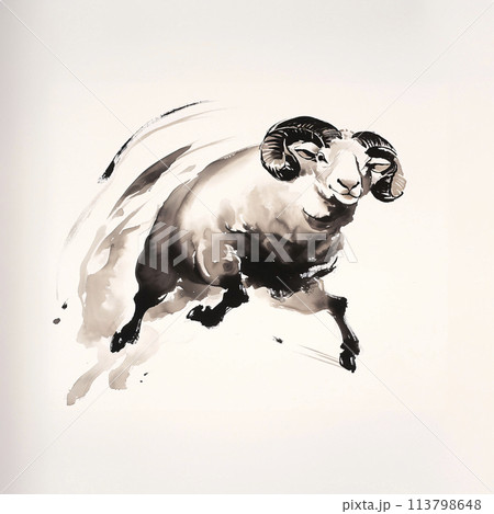 羊の水墨画 113798648