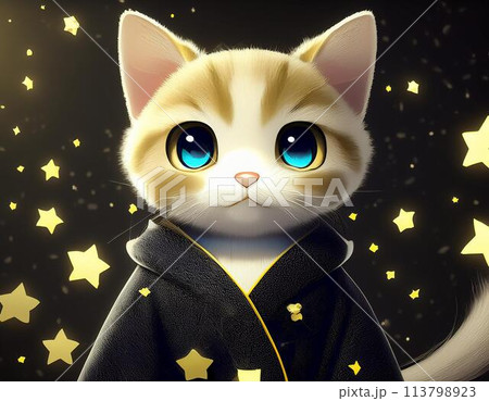 暗闇の光に包まれた和の正装の猫たち 113798923